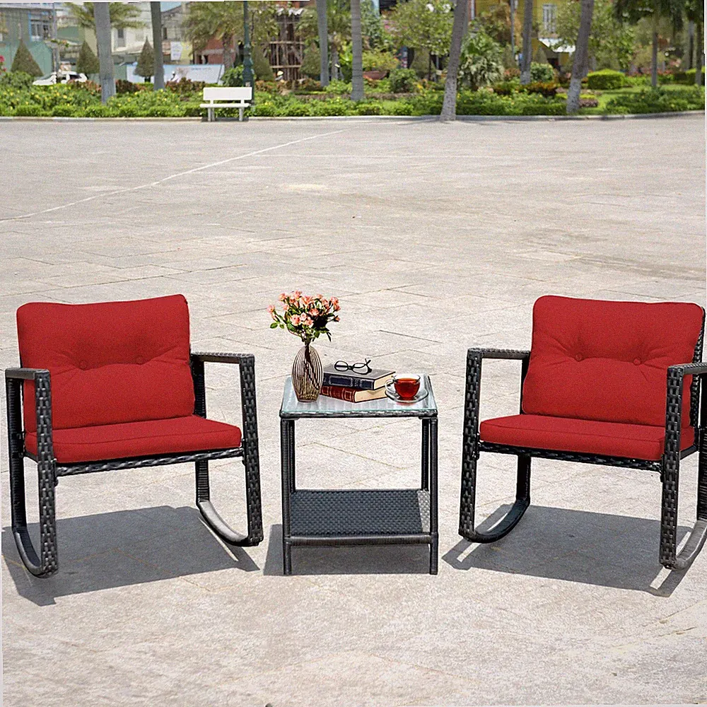 3 PCS Patio Rattan Furniture Set w/2 Rocking Chairs & Glass-Top Table Burgundy