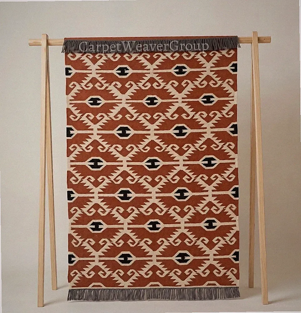 Boho Geometric Wool Jute Navajo Kilim Rug- Handwoven Tribal Pattern Area Carpet