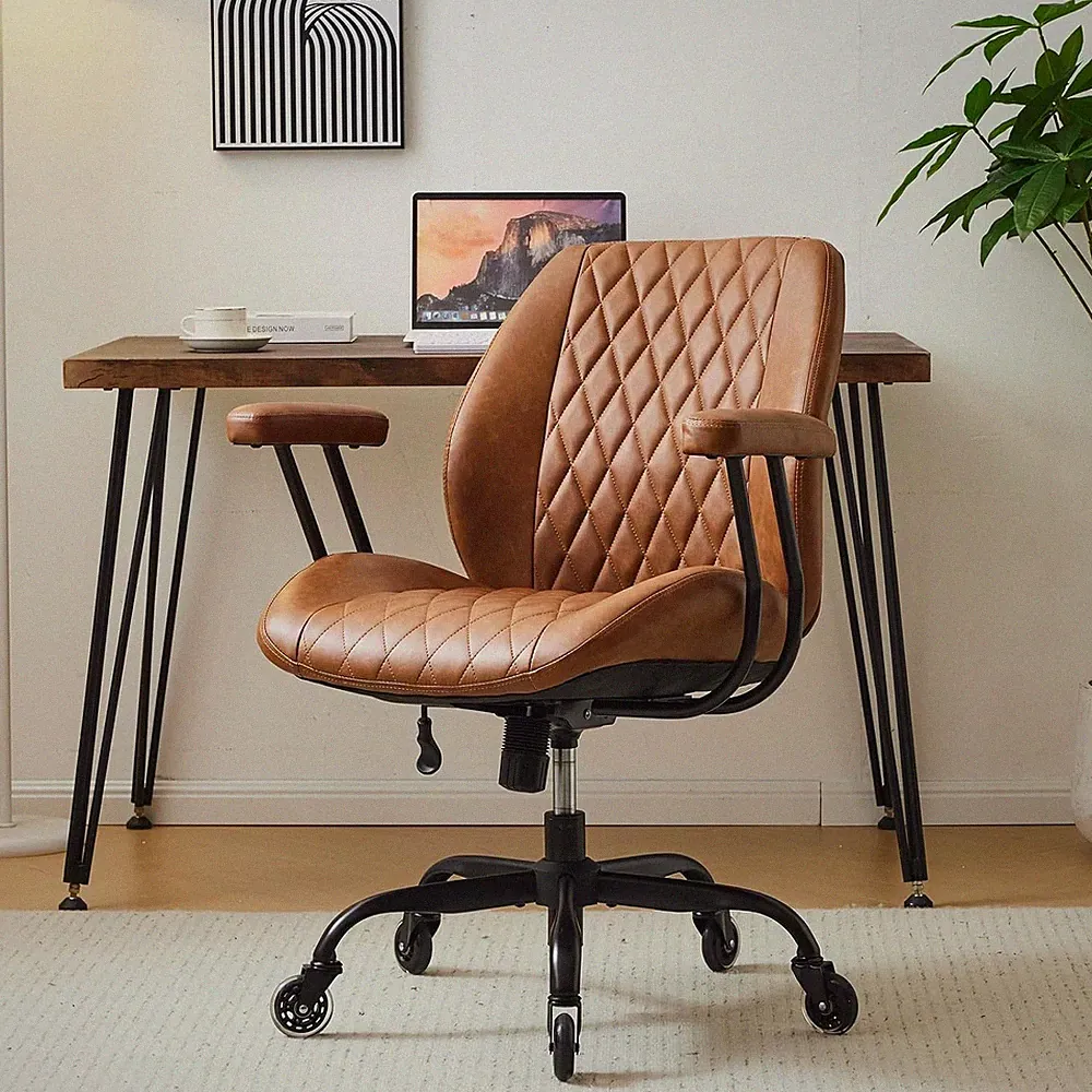 Ergonomic Brown Leather Office Chair with Lumbar Support and Adjustable Height