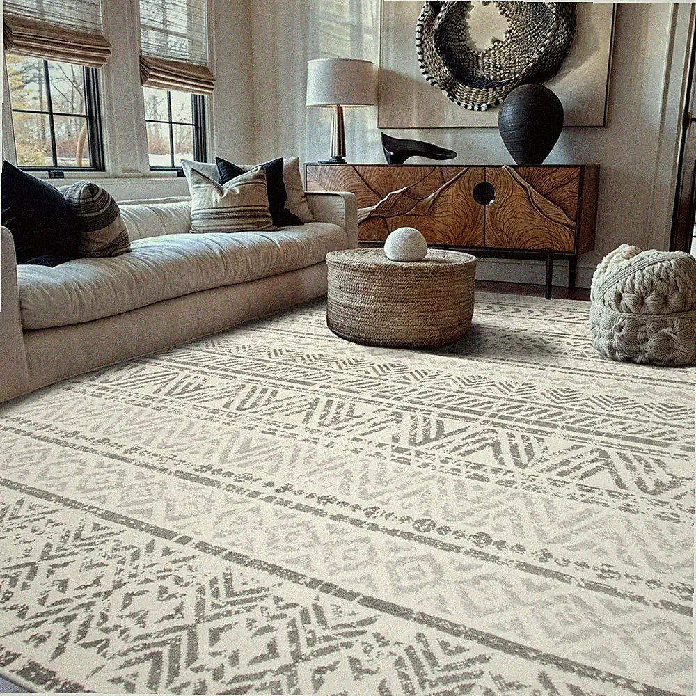 Geometric Boho Large Area Rug – Gray Tribal Pattern, Perfect for Living Room, Be