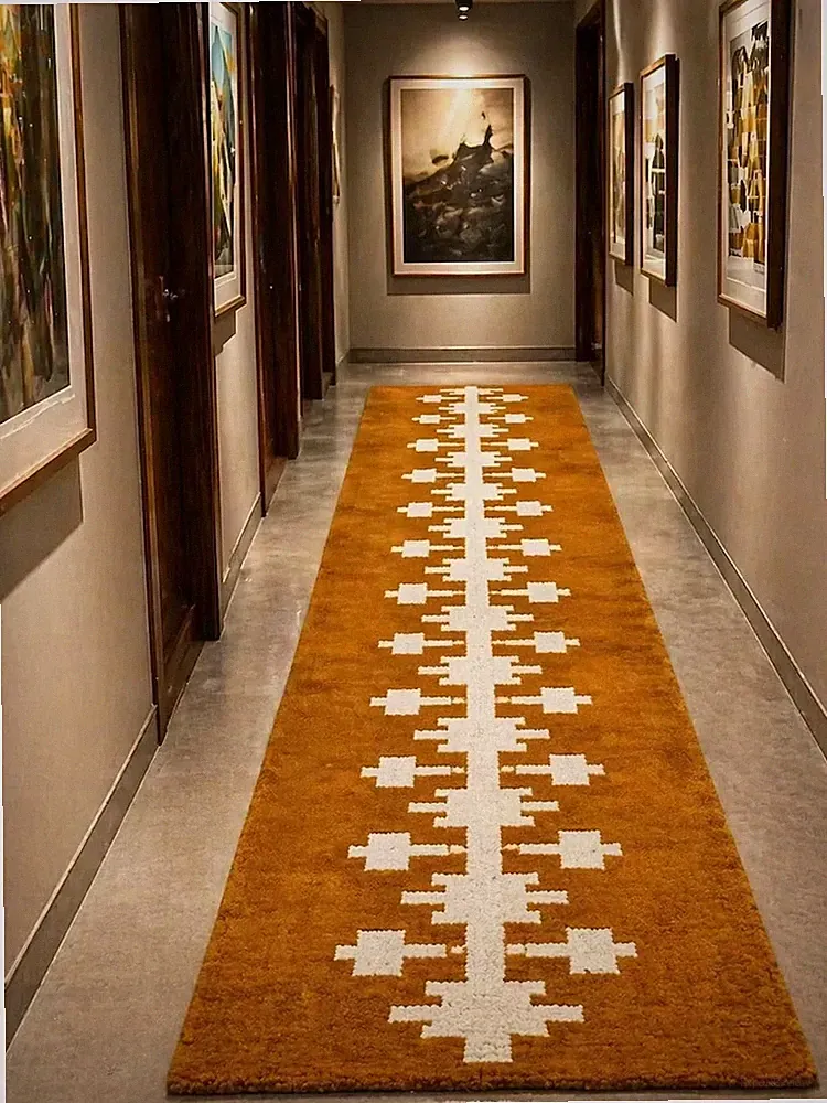 Hand Tufted Wool Runner Rug – Terracotta Tribal Geometric Aztec Pattern, Boho E