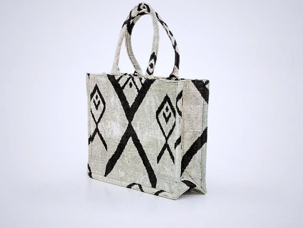 Handmade Ikat Silk Velvet Tote Bag Ivory Black Artisan Pattern – Modern Style