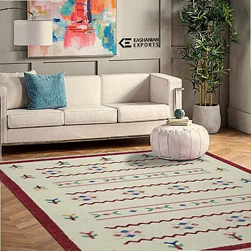 Handwoven Wool Kilim Rug – Multicolor Tribal Pattern & Maroon Border Boho Carpet