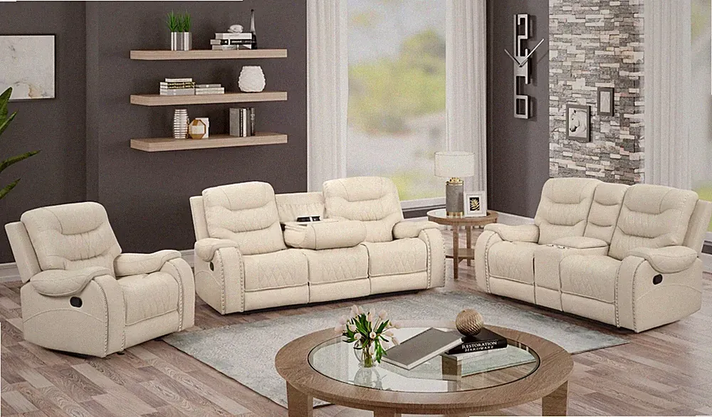 LUXURY 3PC Cream Beige Sofa Loveseat Chair Leather Living Room 5-Recliner Set