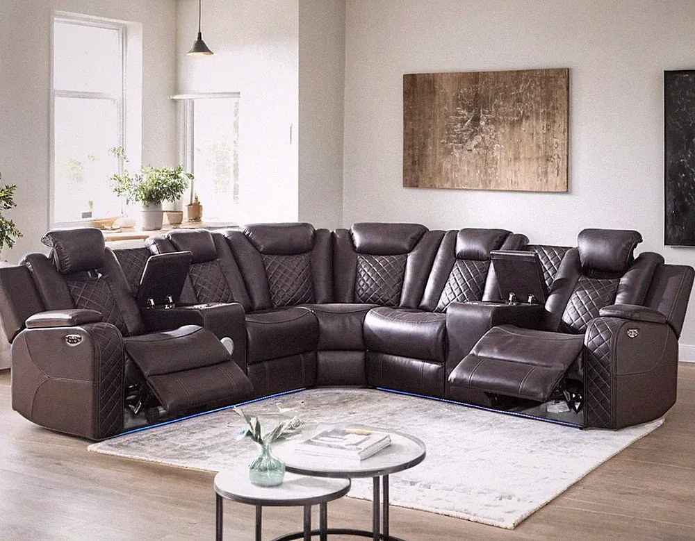 NEW LED Power Recliners & Headrests Brown Leather Sectional Bluetooth Speaker