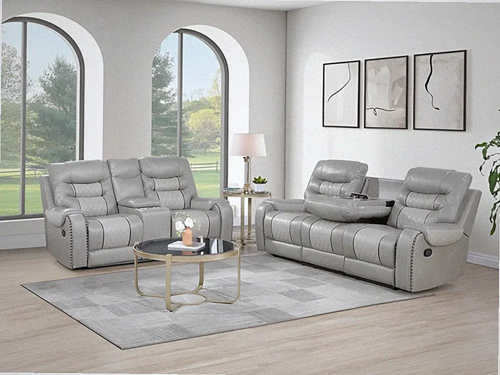NEW Two-Tone 2PC Leather Gel Gray Sofa Loveseat 4-Recliner Living Room Set