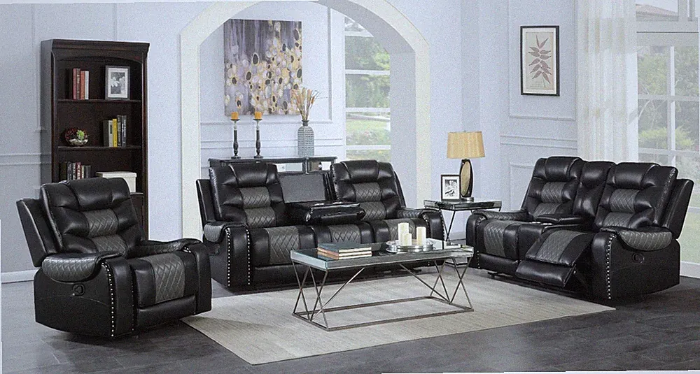 NEW Two-Tone 3PC Leather Black Gray Sofa Loveseat Chair 5-Recliner Living Room