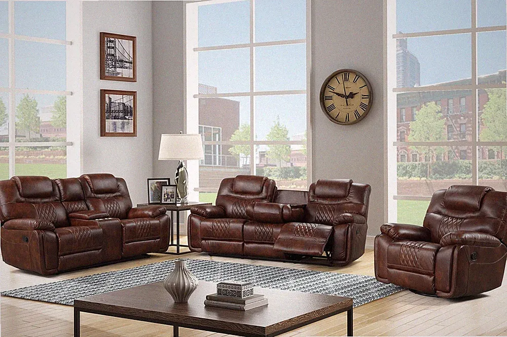 OVERSIZED 3PC Sofa Loveseat Chair Brown Leather Living Room 5-Recliner Set