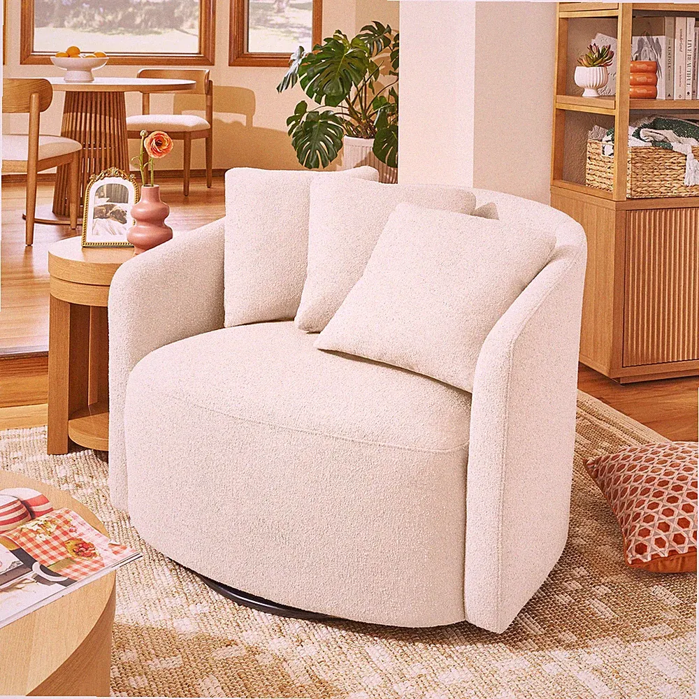 Oversized Boucle Swivel Accent Chair Lounge Chair w/ Pillows Modern Living Room