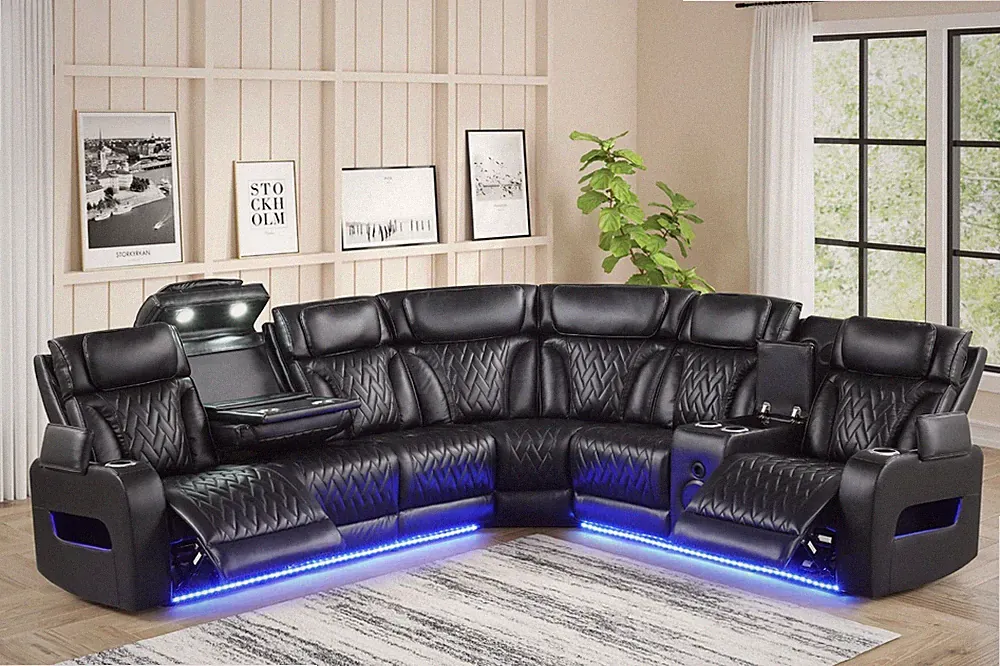 OVERSIZED LED Power Recliner & Adj Headrest Sectional Black w/ Bluetooth Speaker