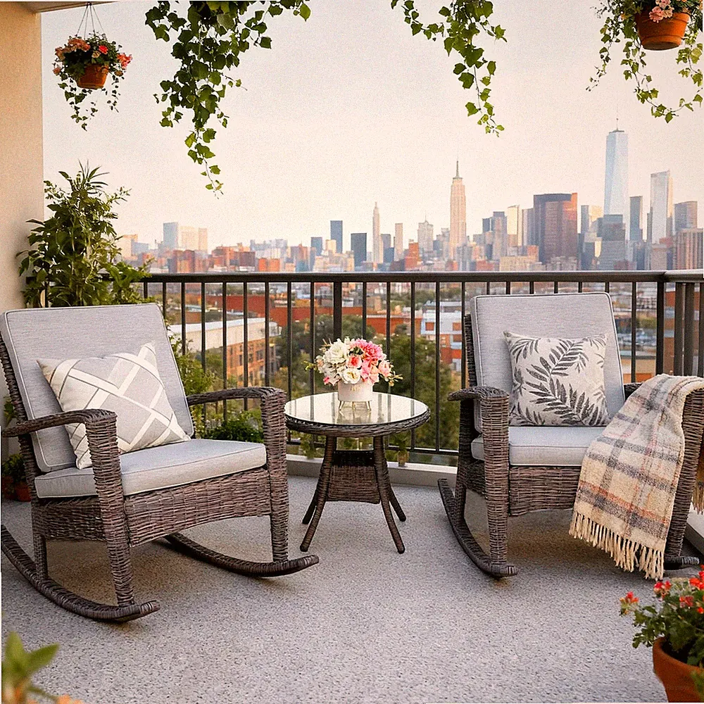 Patio Rattan Rocker, Outdoor Wicker Rocking Chair w/Table and Sunbrella® Cushion
