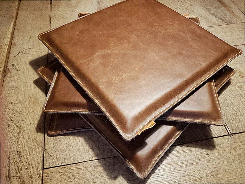 Premium Leather Chair Pad Handmade Square Seat Cushion Tan Brown Home Decor