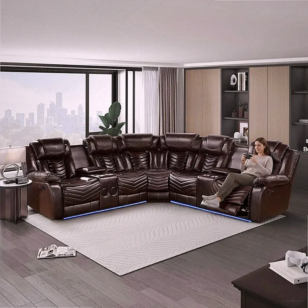SALE LED Contemporary 2-Recliner Sectional Brown Leather with Bluetooth Speaker