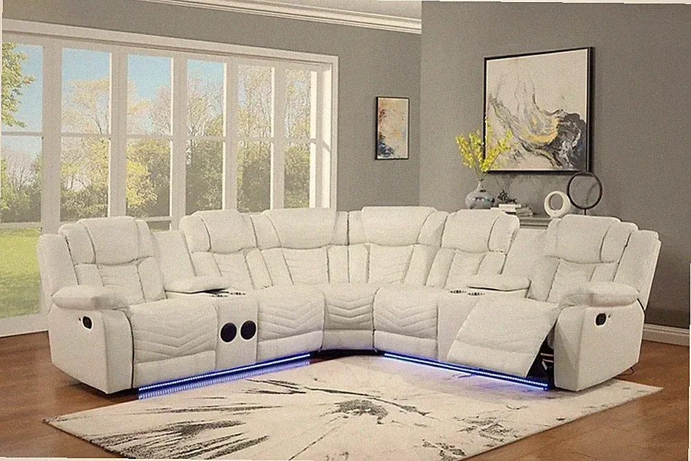 SALE LED Contemporary 2-Recliner Sectional White Leather with Bluetooth Speaker