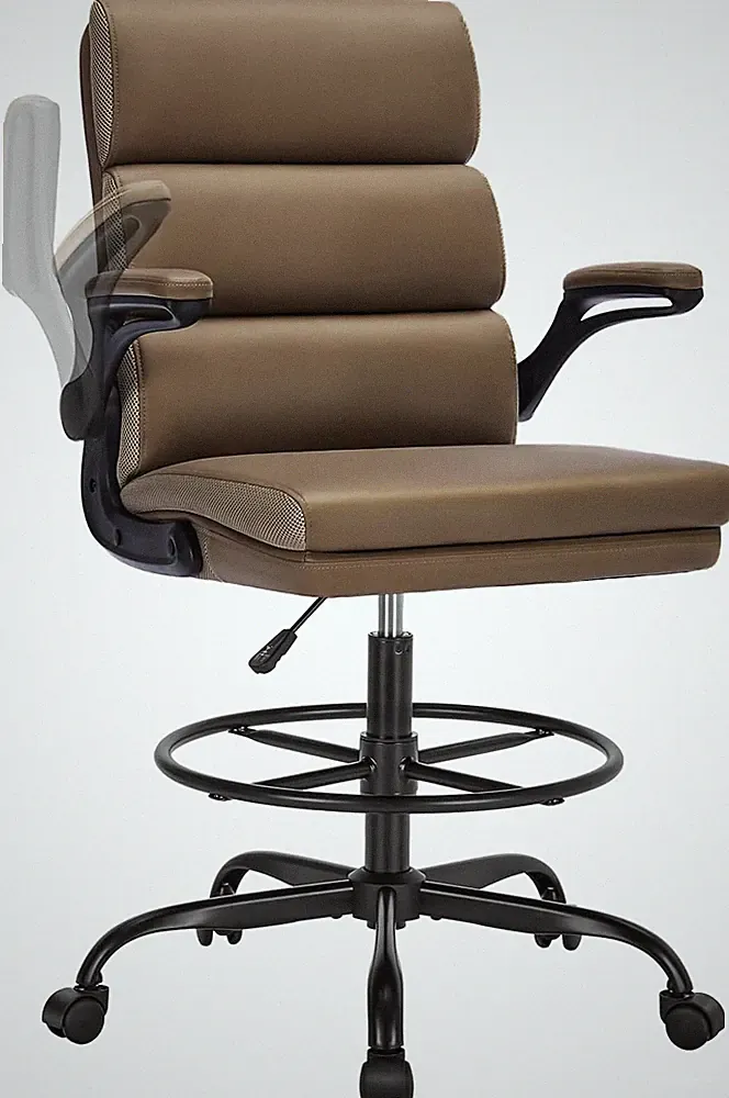 Tall Ergonomic Drafting Chair with Padded Armrests and Adjustable Footrest - Tan