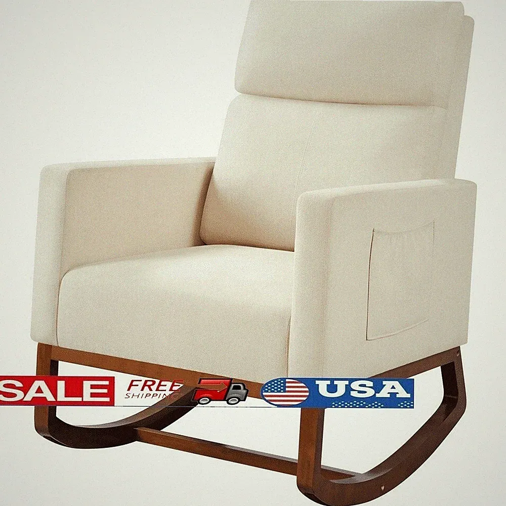 Upholstered Rocking Accent Chair Modern High Back Lounge Seat Side Pocket New