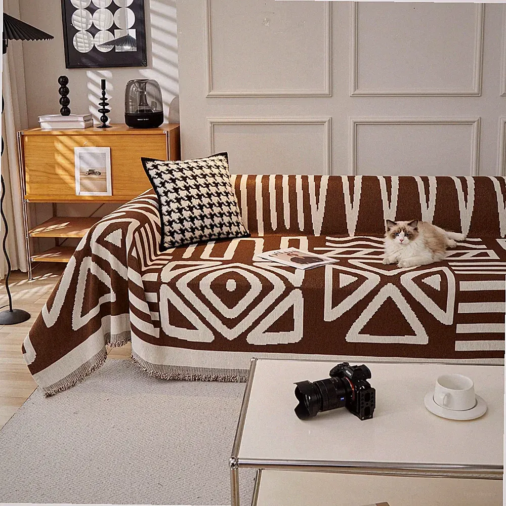 VClife Cozy Chestnut Brown White Geometric Tribal Couch Cover for Sofa Bohemi...